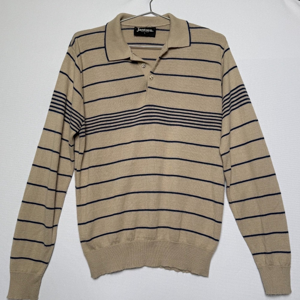 Vintage Jantzen Striped Sweater L Beige 1970s Mod Indie Sleaze Preppy Retro